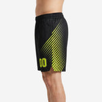 Opposite side view of black wholesale basketball shorts with neon yellow speed-line graphic fanning out toward the hem