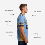 Back view of wholesale light blue football jersey showing back number, player nameplate area, and navy collar trim