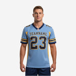 Wholesale football jerseys in light blue with navy V-neck collar, gold side panels, and 3-stripe cuff bands - front and back view