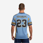 Second side view of custom navy and gold football jersey showing set-in sleeve cut and shoulder TV number placement