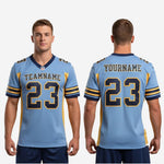 Size and spec sheet for custom light blue navy and gold football jerseys showing youth through adult sizing range