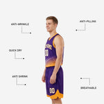 Back view of purple reversible basketball jersey with player name and number printed above the hem