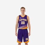 Wholesale reversible basketball uniforms in purple with gold V-neck binding and diagonal light-streak graphic, matching shorts, front view