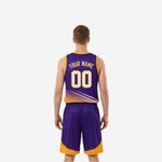 Purple side of custom reversible basketball uniform showing armhole binding and side panel construction, men's athletic cut side view