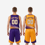 Size and specification sheet for wholesale reversible basketball uniforms in purple and gold, youth and adult sizing