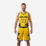 Front view of custom yellow and black honeycomb ladies basketball uniforms with team name and number 22