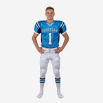 Youth american football team uniforms in royal blue and navy with white pants, front view showing team name and number 1 on the jersey
