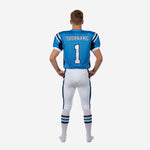 Opposite side view of blue youth football team uniform showing navy side panel on jersey and matching pant stripe for a unified two-piece set