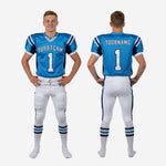 Size and specification sheet for custom youth american football team uniforms in royal blue, navy, and white with full sublimation print zones