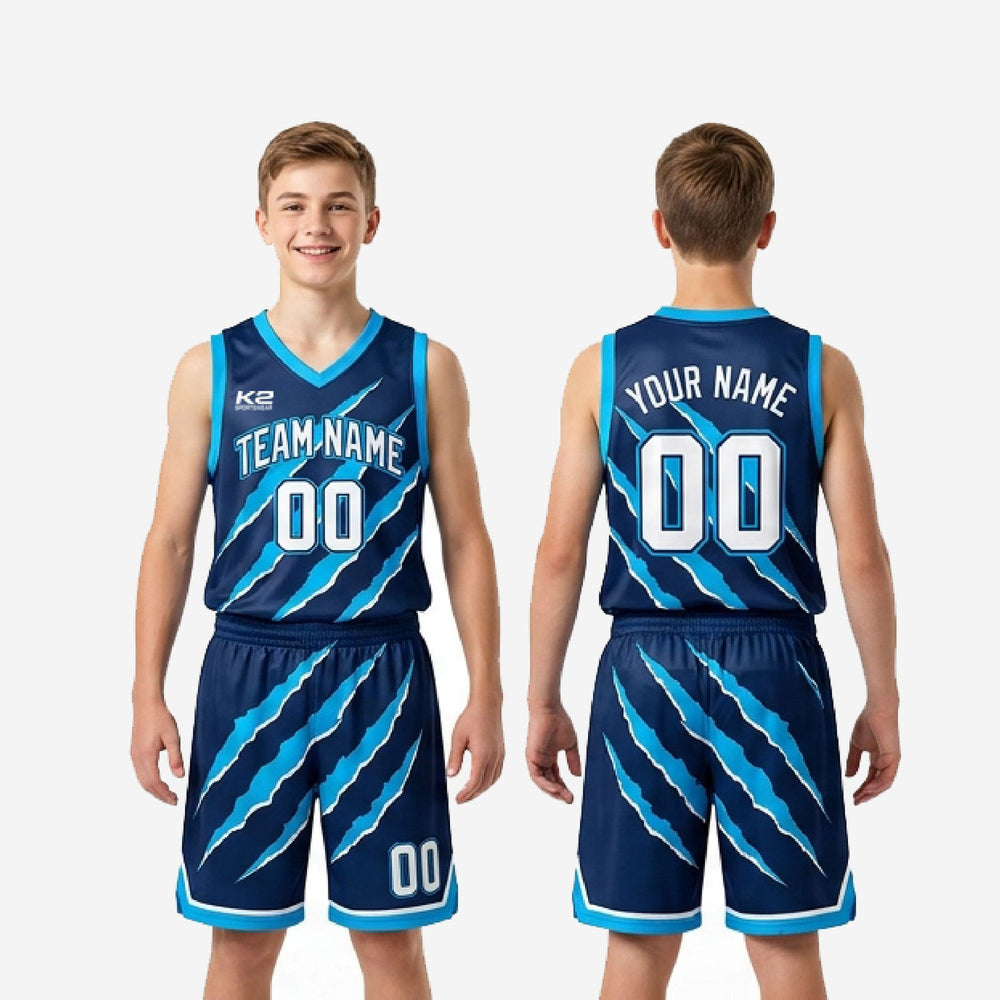 Boys V Neck Youth Basketball Uniforms - Custom Navy and Cyan