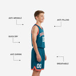Back view of custom teal and coral youth basketball uniform set showing player name and number placement on jersey and shorts