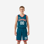 Youth basketball uniform packages in teal and coral showing full front and back view of jersey and shorts set with team name and number