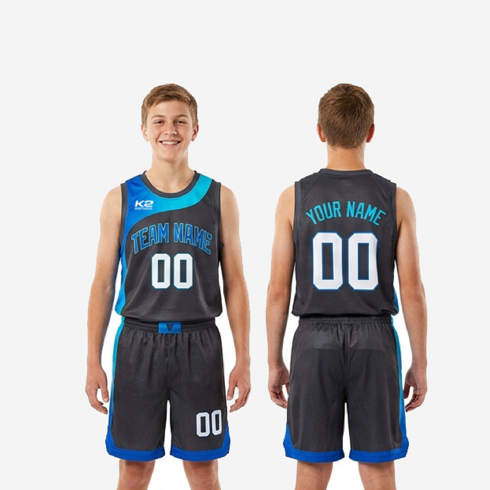 Charcoal/Blue Custom Grey Youth Basketball Uniforms | Game Day Set