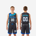 Youth basketball uniform size and specification sheet for charcoal and royal blue custom sublimated jersey and shorts set