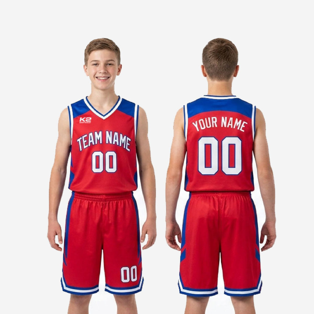 Full Print Custom Red Youth Basketball Uniforms - Royal Blue