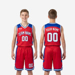 Size and specification reference sheet for red and blue custom youth basketball uniform set available in jersey only or jersey and shorts