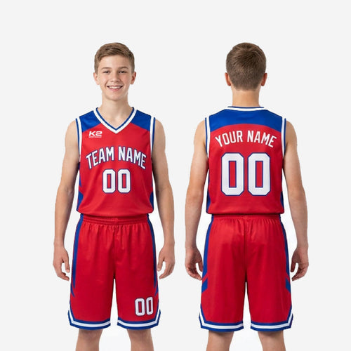 Full Print Custom Red Youth Basketball Uniforms - Royal Blue