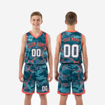 Size and specification sheet for youth tournament basketball uniforms in teal camo and orange lava-crack sublimation design
