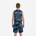 Second side view of custom youth basketball jersey and shorts in grey camo with blue lightning overlay detail