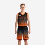 Custom youth basketball uniforms with names and numbers in black and orange gradient honeycomb sublimation print, front and back view of full set