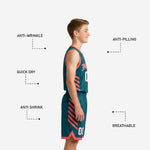 Back view of breathable youth basketball uniforms in teal showing back name and number print zone on the jersey