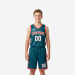 Youth basketball uniforms with names and numbers in teal and coral, front and back view of full jersey and shorts set