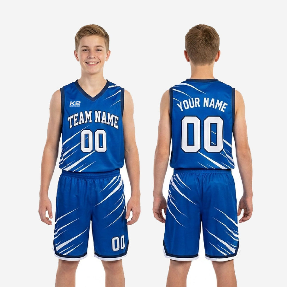 Youth Slash Print Custom Blue and White Basketball Uniforms