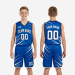 Youth basketball uniform size and specification sheet for blue and white slash-pattern jersey and shorts set