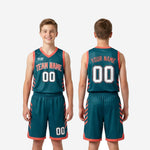 Size and specification sheet for teal youth basketball uniform set with names and numbers in youth sizing