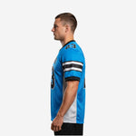Left side view of blue and white football jersey showing black and white sleeve stripe detail and V-neck collar trim