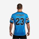 Right side view of personalized American football jersey showing sleeve number on shoulder cap and mesh side panel ventilation zone