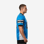 Side view of sublimated youth football jersey in blue showing white mesh side panel running full torso length from armhole to hem