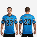 Size and specification chart for sublimated youth football jerseys showing youth through adult size run for full roster ordering