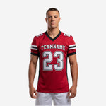Youth football jerseys in red and black with arched team name, front number 23, black V-neck collar, and white and black sleeve stripes on a male model
