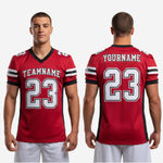 Size and spec sheet for custom red and black youth football jerseys showing youth and adult size run details