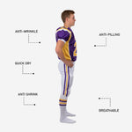 Back view of purple and gold youth football uniform sets for teams showing back player number and sublimated nameplate area on white football pants