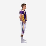 Front view of purple and gold custom youth American football uniform showing team name across chest and front number 28 in gold with white outline