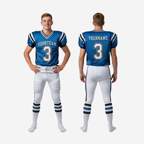 Size and specification sheet for custom breathable youth football uniforms in royal blue and white with black trim showing available youth sizes and print zone layout