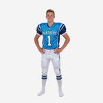 Youth football uniforms for teams in sky blue and white, full sublimated set with navy shoulder panels, front number and team name on chest, white pants with side stripe, front view