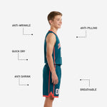 Back view of custom teal and coral youth basketball uniform showing back player name and back number sublimated on jersey