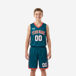 Youth league basketball uniforms in teal and coral, full 2-piece set front and back view showing arced team name, front number, and shorts player number