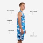 Back view of youth sublimated basketball uniforms in blue and white cloud pattern showing back name and number placement