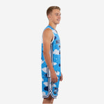Front-facing view of custom blue and white youth basketball uniform set featuring all-over cloud print sublimation and V-neck jersey