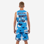 Opposite side view of custom youth team basketball uniforms showing cloud print shorts with navy striped waistband and number on leg