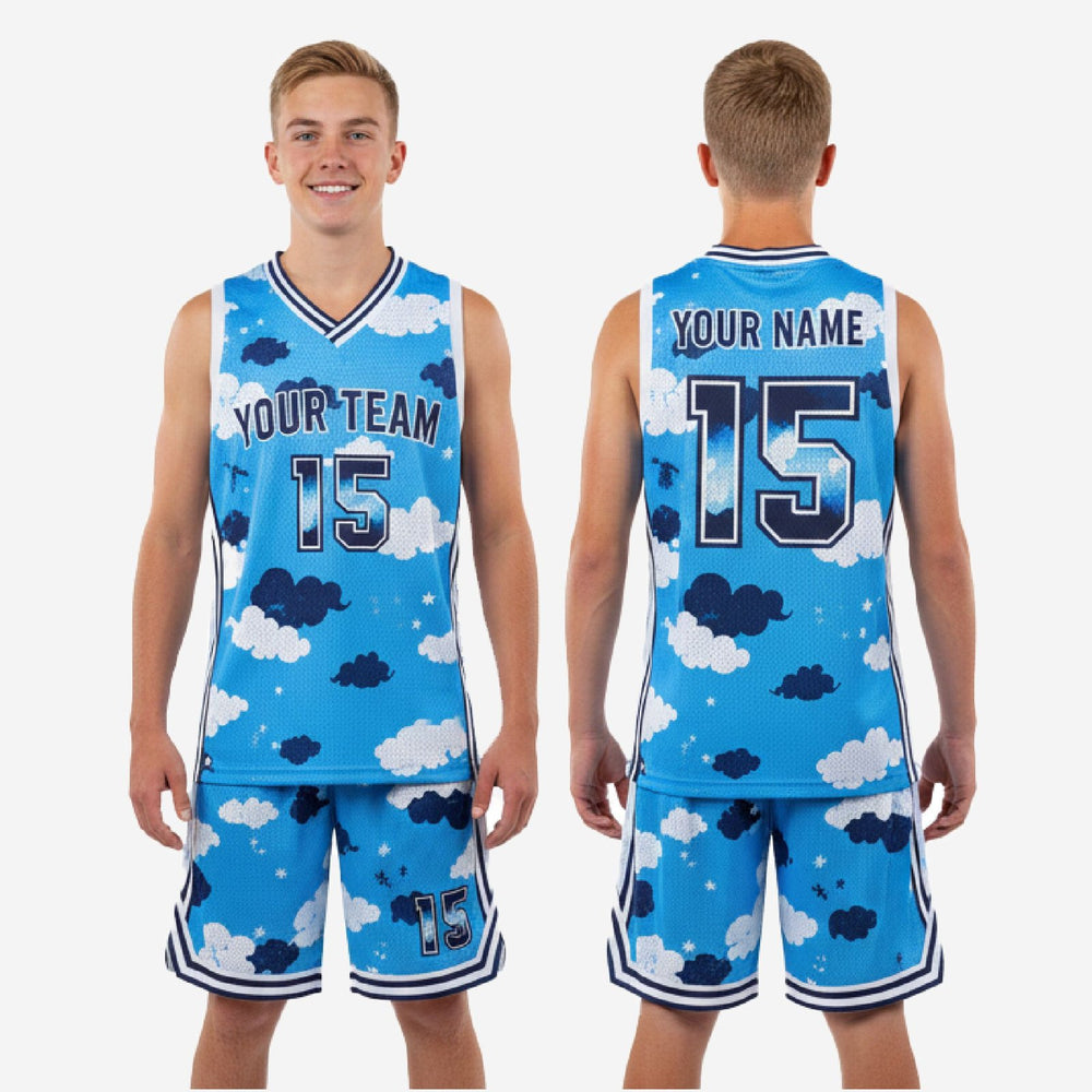 Youth Cloud Print Custom Youth Sublimated Basketball Uniforms - Blue and White