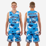 Size and specification chart for youth sublimated basketball uniforms available across full youth size run