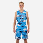 Front view of youth sublimated basketball uniforms in sky blue and white cloud pattern with matching shorts and navy trim