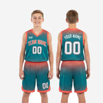 Size and specification chart for custom youth sublimated basketball uniforms in teal and orange, available in full youth sizes