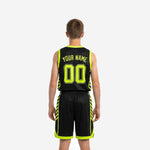 Back view of black neon lime youth tournament basketball uniform showing back number and player name placement on fully sublimated jersey