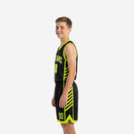 Opposite side view of custom youth tournament basketball uniform set in black with neon lime trim and diagonal side panel pattern